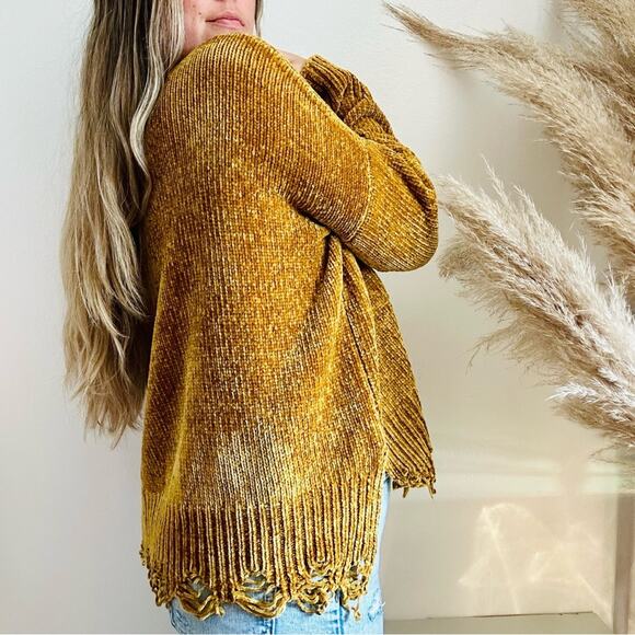 SMYM MUMU Gold Yellow Chenille Knit Oversized Distressed Crop Boxy Sweater XS - Picture 5 of 16